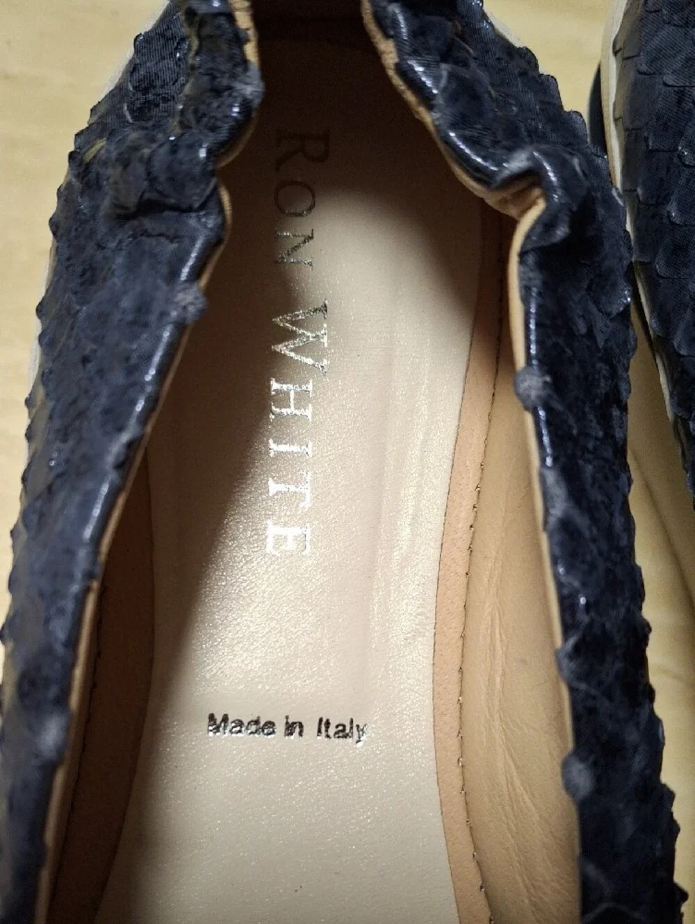 Ron White Navy Snake-Embossed Slip-On Flats with Cream Sole Size 38